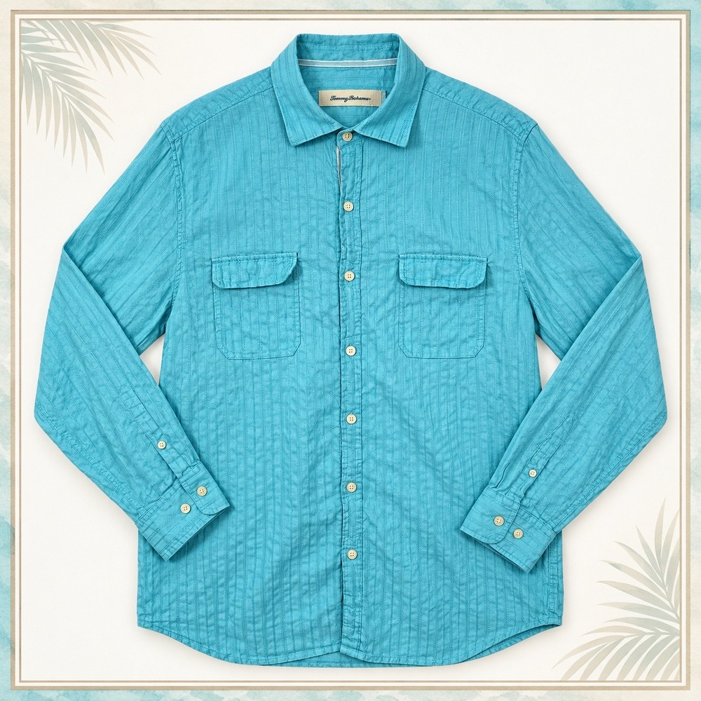 Tommy Bahama Linen Blend Shirt Men L Teal Blue Button Up Textured Resort Coastal